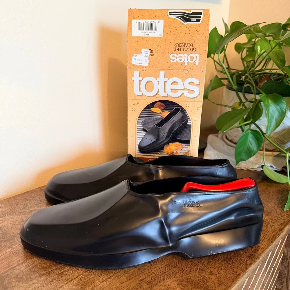Totes Geometric Loafers Men Large Black Waterproof Rubber Overshoes Galoshes USA